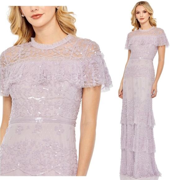 Mac Duggal Purple Embellished Cap Sleeve Ruffle Tiered Gown 14 - Picture 1 of 8